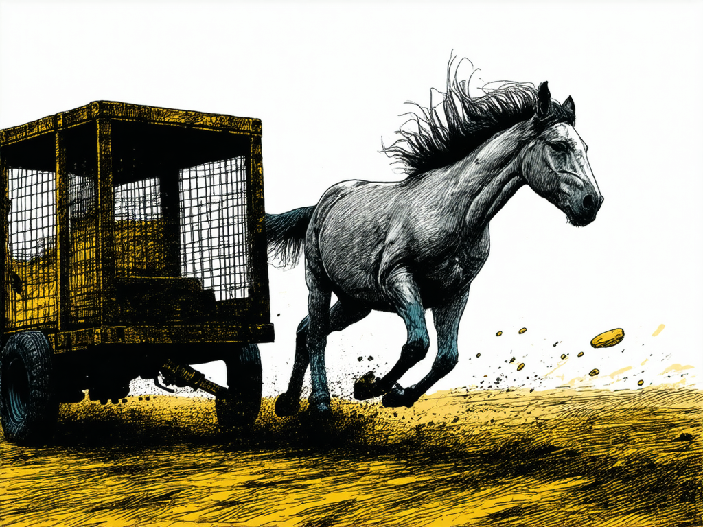 Horse escapes crate mid-flight—price of greed too high.